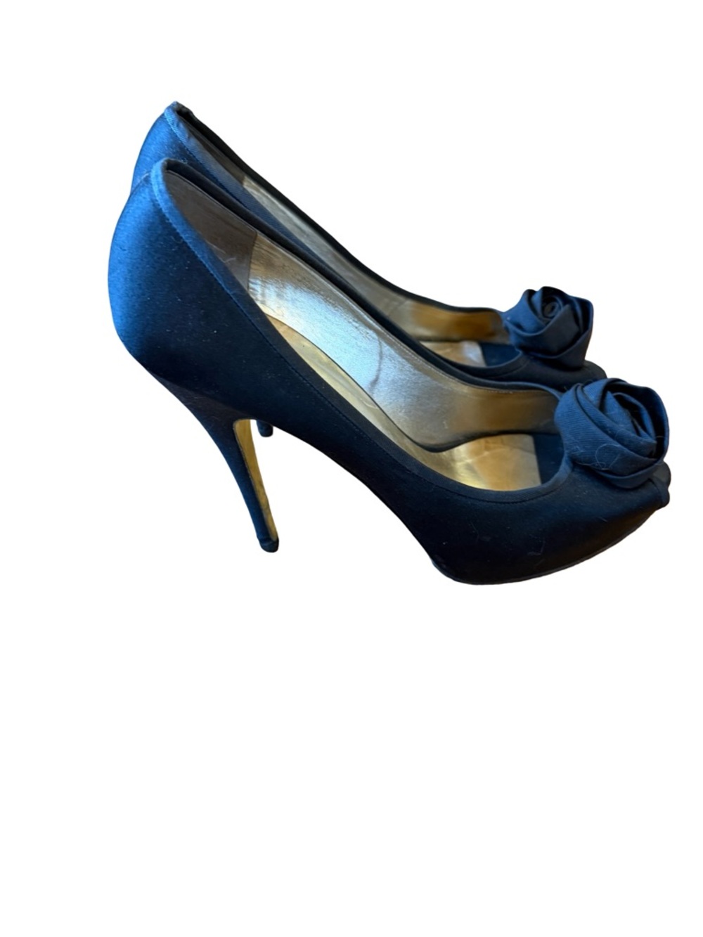 Valentino Garavani Black Satin Peep-Toe Heels with Rosette Accent